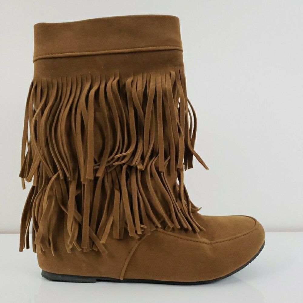 Faux Suede Boots 3 Layer Fringe Moccasin Brown Size 8 Costume Cosplay